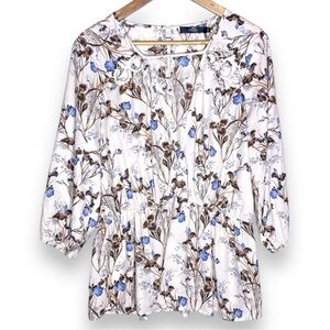 BKE Boutique Floral Boho Western Babydoll Flowy Neutral Color Blouse Cowgirl